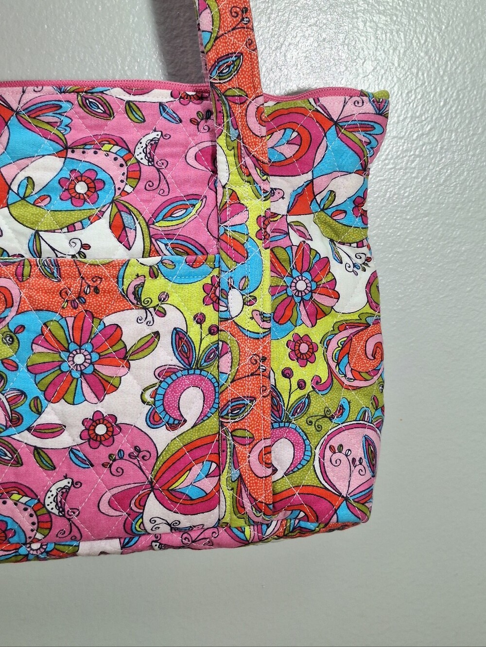 Handmade Quilted Cotton Tote Bag Purse 12X9 In Paisley Floral Pink Blue Pockets - Picture 8 of 16